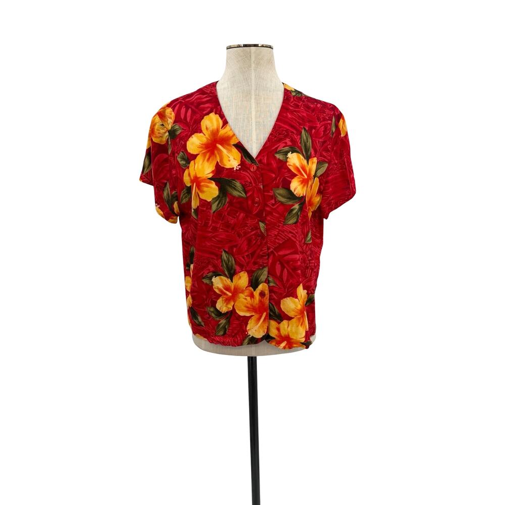 Hilo Hattie Hawaiian‎ Hibiscus Floral Camp Shirt Red Yellow Made in Hawaii Large